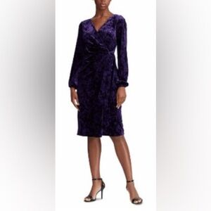 Lauren Ralph Lauren Size 12 Purple Velvet Sheath Surplice Faux Wrap Tie Dress
